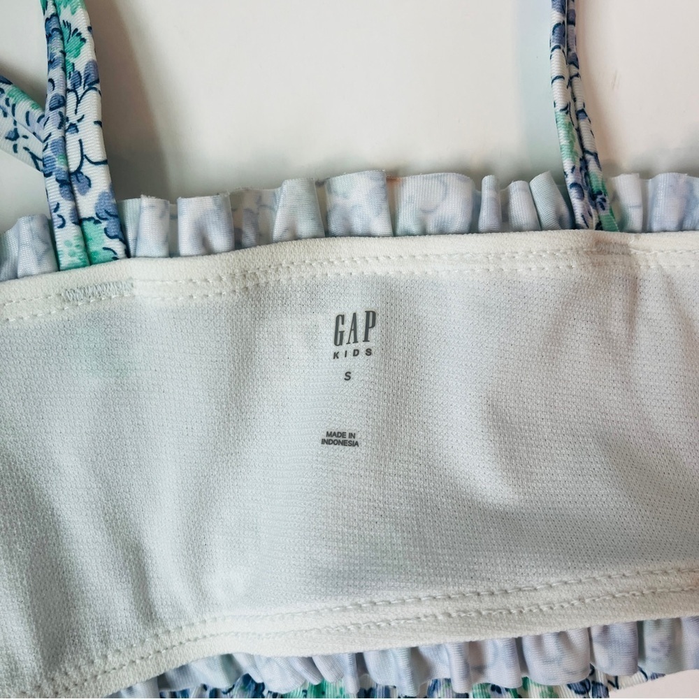 Gap Kids Microfloral Blue and Green Smocked high Waisted Swimsuit - Picture 3 of 6